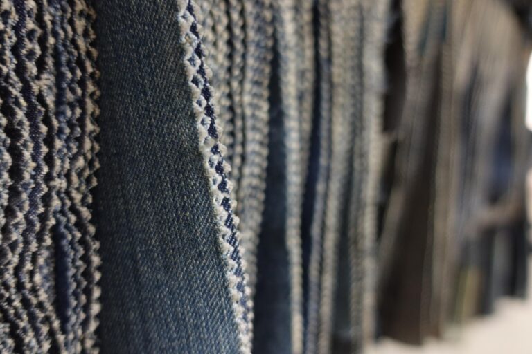 Hanging swatches of blue denim